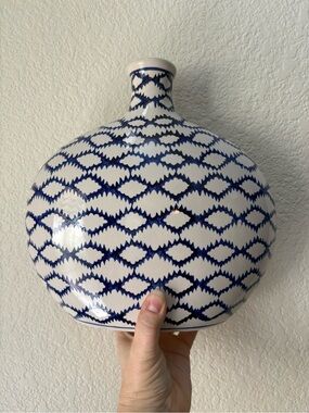 Round White Ceramic Vase with Blue Geometric Pattern